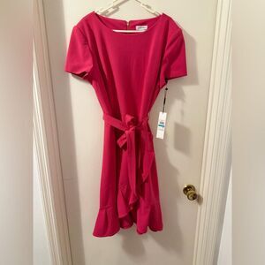 NWT Calvin Klein Hot Pink Tie waist and Ruffle Hem Midi Dress Sz 16